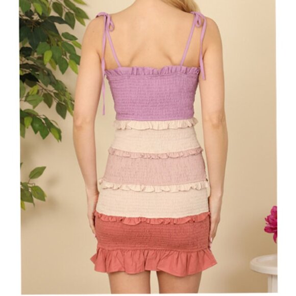 NEW Women's Lavender Multi Color Smocked Mini Dress Y2k Bohemian Summer Dress - Picture 3 of 6